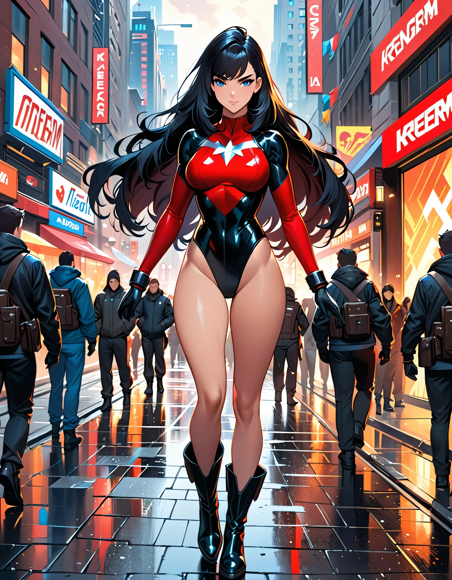 anime girl in a red and black suit standing on a city street, extremely detailed artgerm, style artgerm, style ivan talavera and artgerm, krenz cushart and artgerm, range murata and artgerm, artgerm style, in the style artgerm, ig model | artgerm, artgerm detailed, black hair, long hair, medium hair, blue eyes, (leotard), bare legs, matching boots and gloves, superhero, bracelets, solo, solo focus