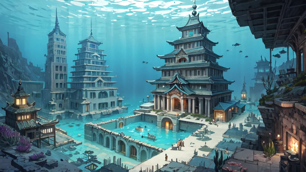 Underwater city, nostalgic, sunken city, background only, underwater temple, water city, illustration, fantastic illustration