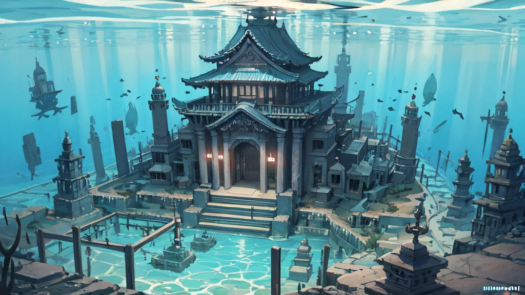 Underwater city, nostalgic, sunken city, background only, underwater temple, water city, illustration, fantastic illustration