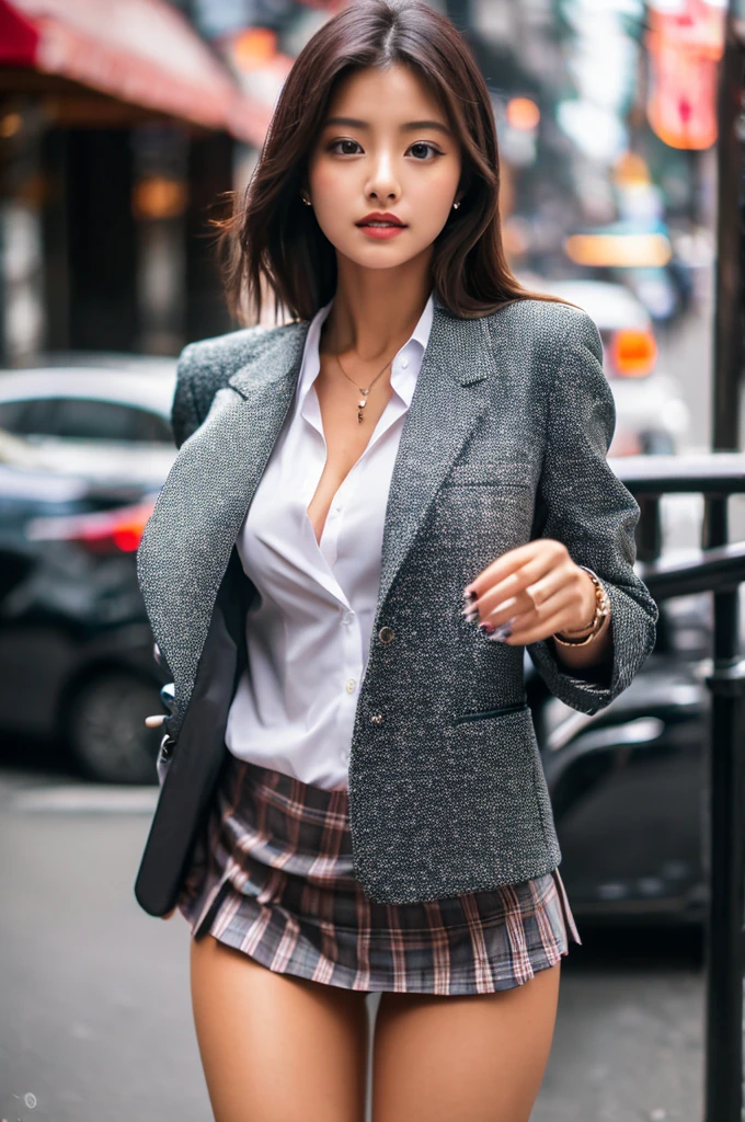 (Highest quality、Ultra-high resolution、masterpiece、8K、Realistic raw photo)、(Delicate face、Detailed eyes and face、Watery eyes、double eyelid、Glossy lips), ((1 girl)) 、Very beautiful woman、Slender、Slim Big、Sharp long legs、Alluring and sexy、(Polka dot blazer:1.2)、(Polka dot skirt:1.2),(silk pantyhose:1.1),(High heels)、Cleavage、High-definition skin texture、The wind is blowing、Sunlight shining、Modern architecture in the background、Above the knee shot、((Perfect Anatomy、Anatomically correct:1.2))