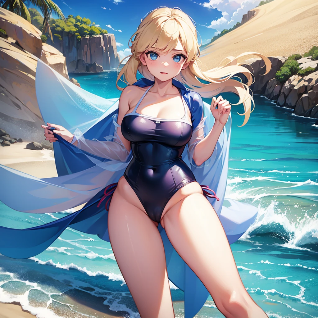 Anna and Elsa with tranparent and tight swimsuit at the beach ,spreading legs