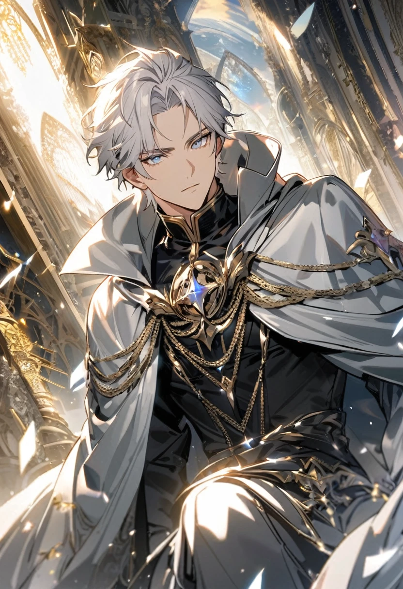 male, silver cloak, silver hair, parted bang, silver eyes, heaven, handsome, justice. god
