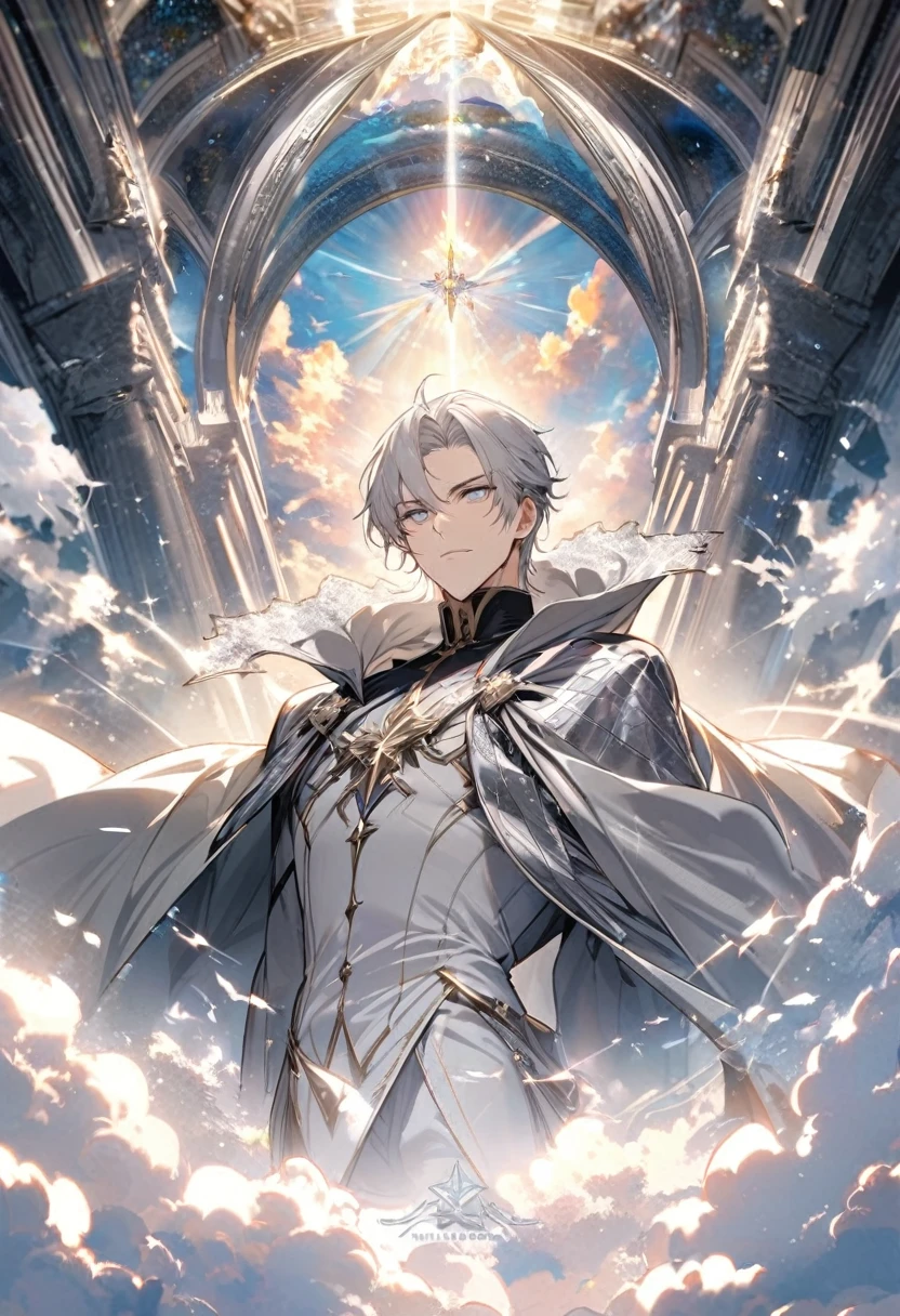 male, silver cloak, silver hair, parted bang, silver eyes, heaven, handsome, justice. god
