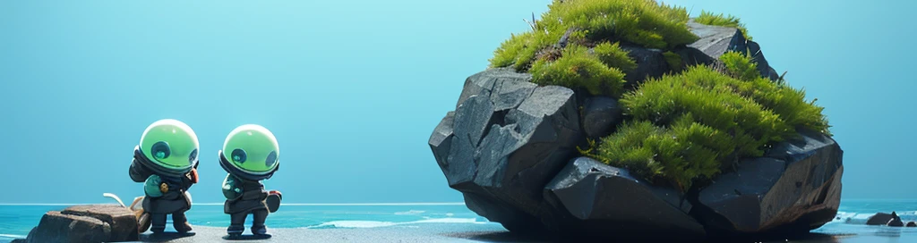 2 Paul-style aliens from the film Alien the Fugitive smoking marijuana set on a rock on the coast on a transparent background