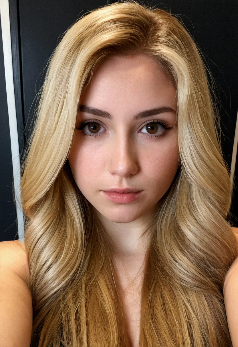 A 23-year-old blonde woman, ((pechos grandes)), ((hiperrealismo)) ,. blonde hair with light brown roots. cabello rubio, Hair with brown roots, cabello extra largo, cabello muy largo, really long hair, Beautiful, Front view, selfie, photo taken with iPhone, in BDSM room, wearing latex , high quality, selfie iPhone, cleavage