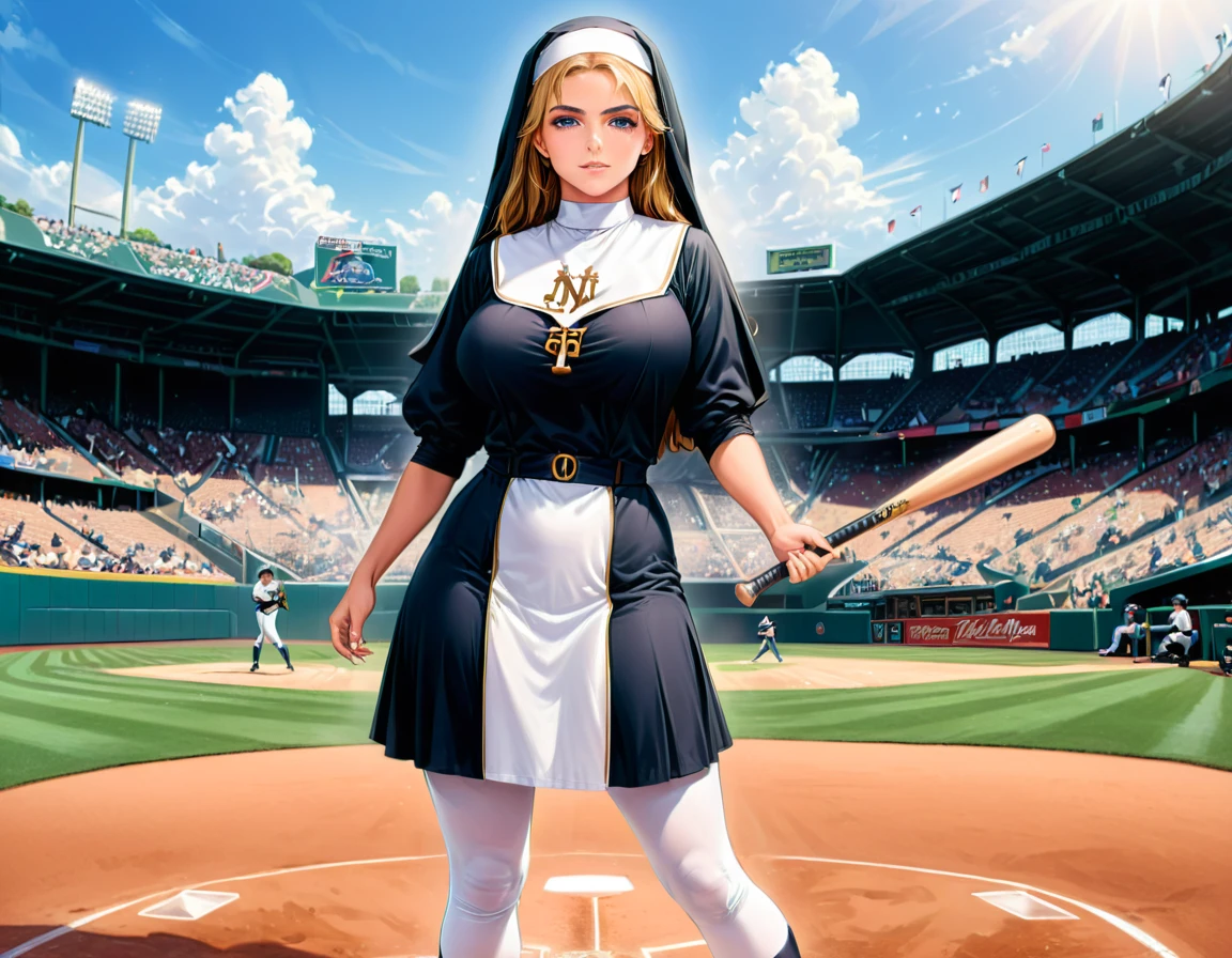 Arafed a sports capture picture of a nun playing baseball, an exquisite beautiful nun, full body, middle aged woman,  dynamic hair, dynamic style,  ultra detailed face, concentrated look, determined look, best detailed face, wearing ((nun clothes: 1.3)), holding a baseball bat, standing ready in a baseball match, baseball stadium nackground, full body (best details, Masterpiece, best quality), ultra wide shot, photorealistic,  vibrant, Ultra-high resolution, High Contrast, (masterpiece:1.5), highest quality, Best aesthetics), best details, best quality, highres, ultra wide angle, 16k, [ultra detailed], masterpiece, best quality, (extremely detailed), ZipFile Comi Style