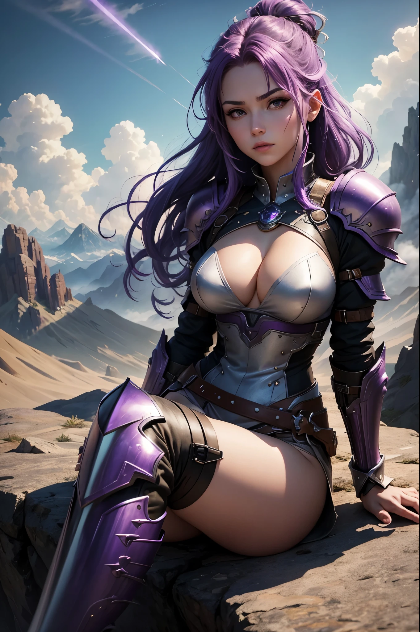 a one woman, purple hair, sitting on top of a very high mountain, cloudy sky, battle armor, beautiful breasts, rays on the horizon, epic scene, solemn countenance, Fantasy world, birds flying.