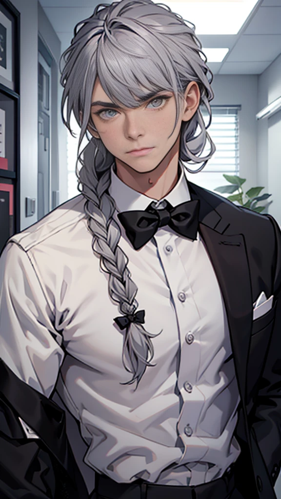 solo,  Masculine, long hair, looking at viewer, bangs, shirt, black hair, 1boy, bow, closed mouth, jacket, white shirt, upper body, braid, grey hair, male focus, multicolored hair, collared shirt, indoors, bowtie, two-tone hair, grey eyes, single braid, black bow, formal, portrait, hair over shoulder, black bowtie