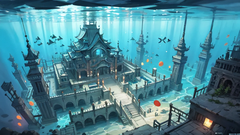 Underwater city, nostalgic, sunken city, background only, underwater temple, water city, illustration, fantastic illustration