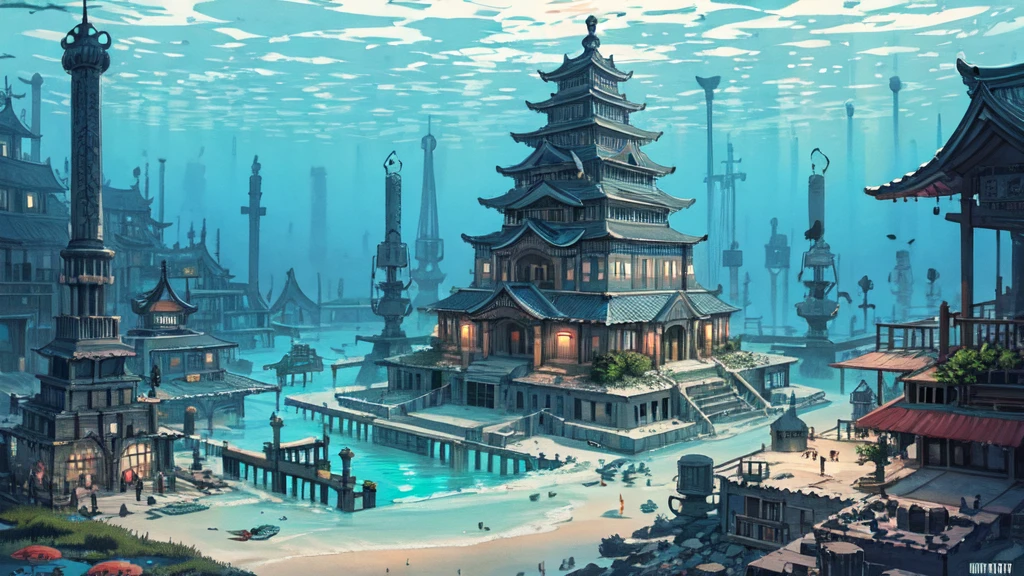 Underwater city, nostalgic, sunken city, background only, underwater temple, water city, illustration, fantastic illustration