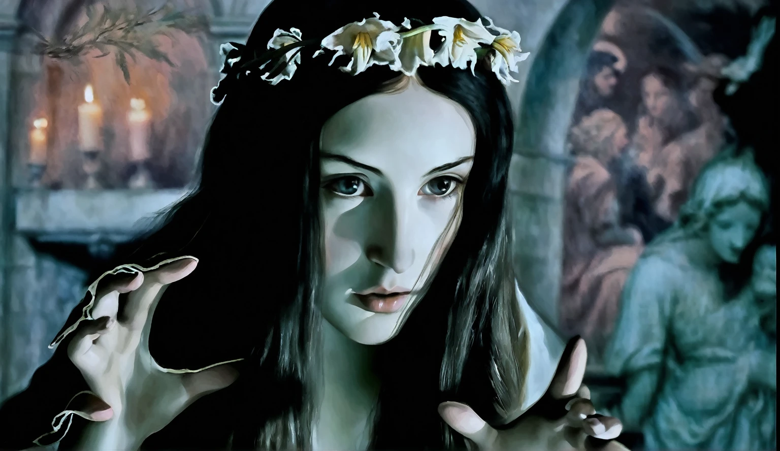 allegory, (teen angel with a wreath of lilies), dark clouds, pink/gray/sepia, Renaissance, graininess, worn canvas, scuff gradient, ((Tiepolo/Fra Angelico/Titian style)),chiaroscuro, oil, acrylic, intricate, extreme detail, complex key, ((single shot)), ((best quality)), ((masterpiece)), ((Pre-Raphaelism)), 8k, impressionism: 0.2 full hd wallpaper