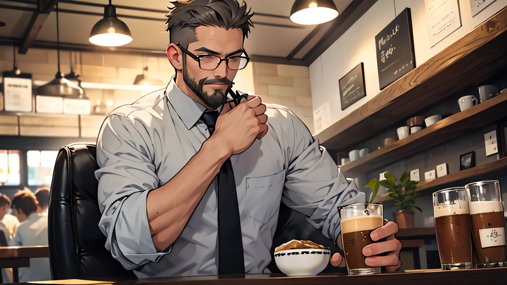 Gray short hair、Glasses、Beard、One person、Master、Cafe、One personでコーヒーを入れる、Best、shirt、tie
