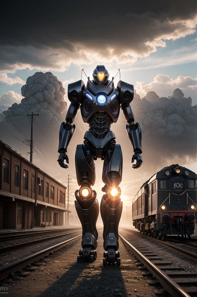 (((masterpiece)))((ultrarealistic))(octane render|midjourney),Hajime Sorayama Art Style, a demential/athletic robot/man, pushing a locomotive with his hands in demential mode, post-apocalyptic setting, fog ambient, sunset iridescent rays, rainy storm nuclear