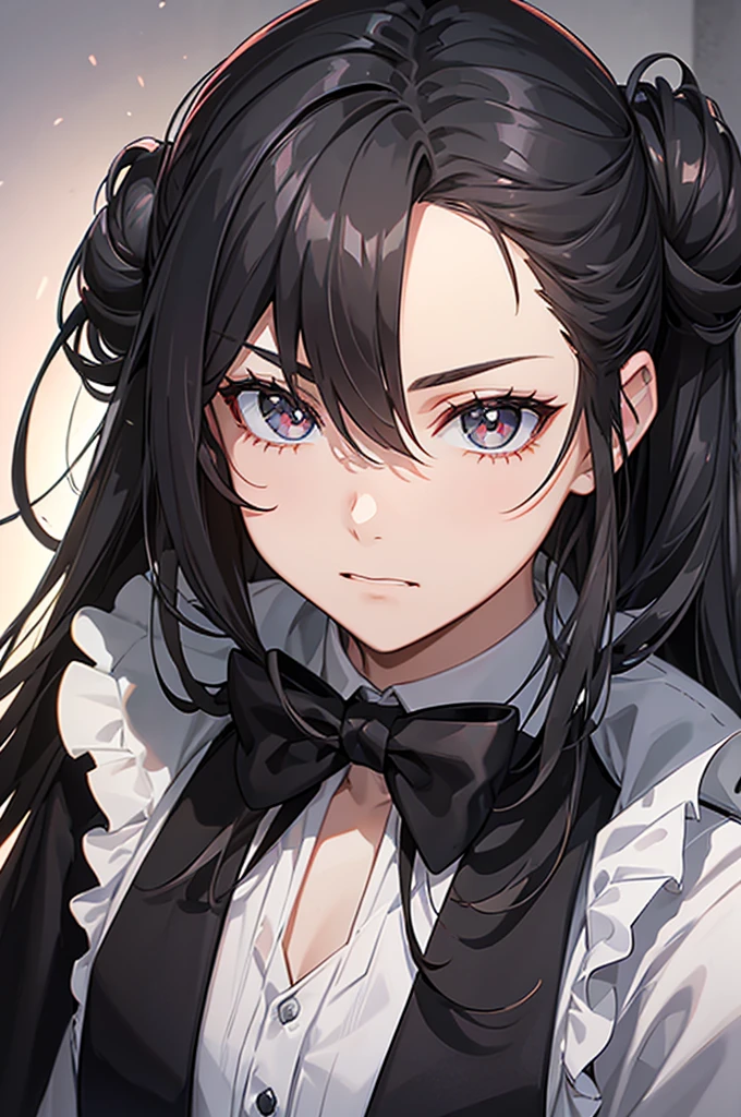 Physical description
- **Hair**: The character has long, wavy black hair styled in two high buns with strands falling to the sides of her face.
- **Eyes**: Its eyes are large, gray in color, and appear slightly almond-shaped.
- **Skin**: The skin is light in color.
- **Clothes**: She wears a white shirt with a black bow tie and a dark gray vest, which gives an impression of school or academic style.
- **Expression**: His facial expression shows a slight smile, suggesting a friendly and perhaps a little mischievous personality.