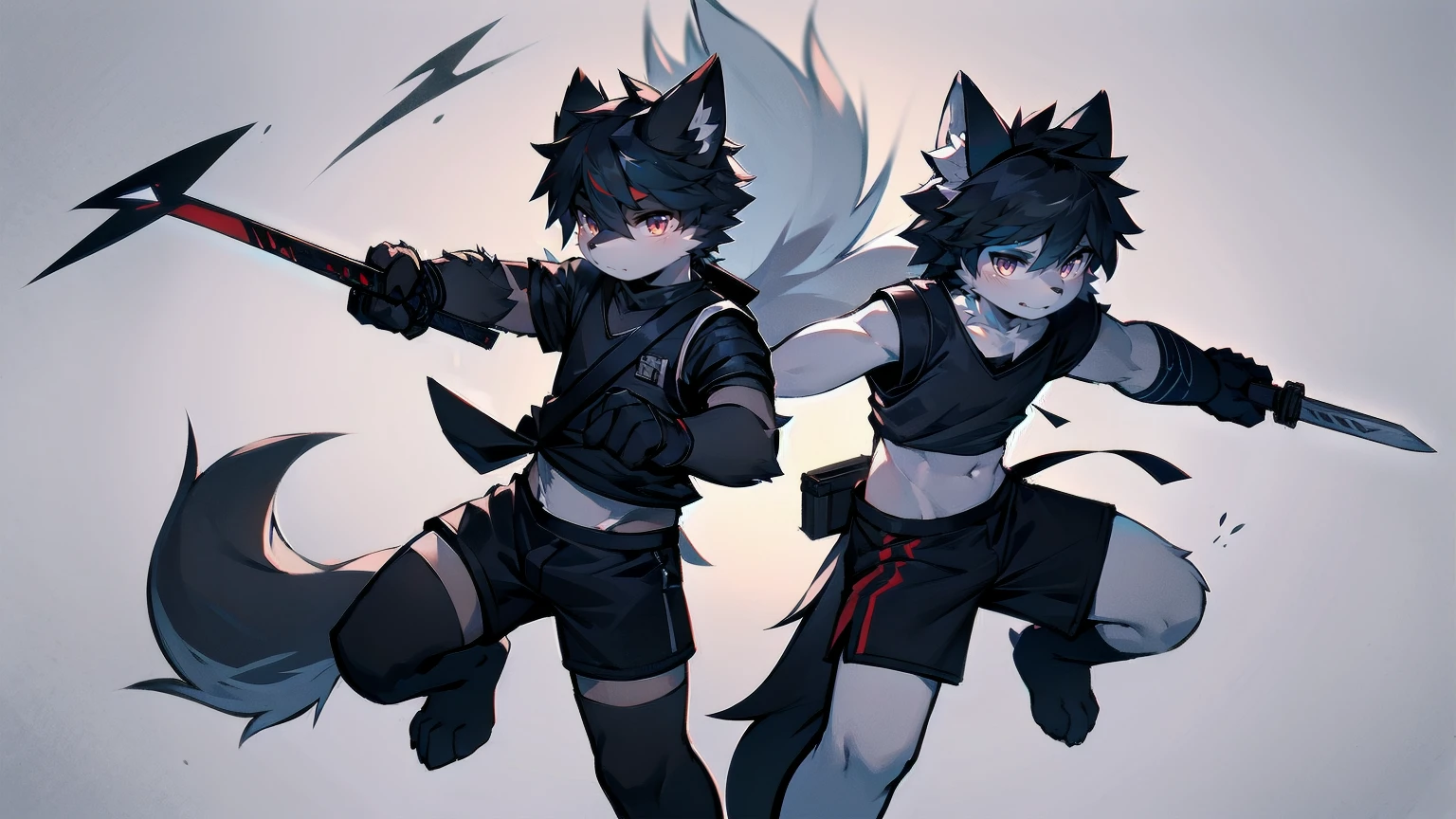 White Wolf,black hair,Red eyes,Wolf ears,Wolf Tail,juvenile,male,hairy,Hair,Half body armor,Combat uniform,Silver and black clothing,Handsome,Handsome,shorts,The forearm is exposed,leg,Fighting Stance,Duel,Two people,Anxious,Armed with a sword,Simple background,Swords