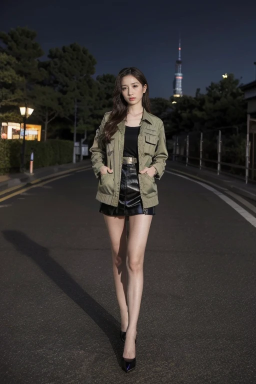 masterpiece, best quality, Tokyo night view，1 Woman，Full body portrait，Beautiful eyed girl,Detailed military uniform，open jacket，Long slender legs，