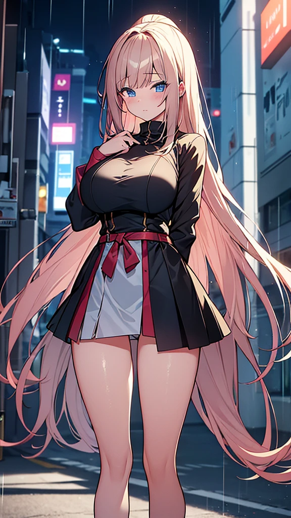 One girl, 18-year-old, Mix 4, (32k, RAW Photos, Highest quality, masterpiece:1.2), (Anime-like, photoAnime-like:1.37), cute, night, rain, Humidity, Professional Lighting, Photon Mapping, Radio City, Physically Based Rendering, Super Resolution, (Big Breasts:1.2), {{A weaponized organism escapes from a laboratory and preys on girls in the city, taking on a human form.}}, The bones of a girl he had preyed on were lying at his feet., NSFW