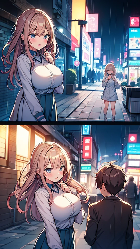 One girl, 18-year-old, Mix 4, (32k, RAW Photos, Highest quality, masterpiece:1.2), (Anime-like, photoAnime-like:1.37), cute, night, rain, Humidity, Professional Lighting, Photon Mapping, Radio City, Physically Based Rendering, Super Resolution, (Big Breasts:1.2), {{A weaponized organism escapes from a laboratory and preys on girls in the city, taking on a human form.}}, The bones of a girl he had preyed on were lying at his feet., NSFW