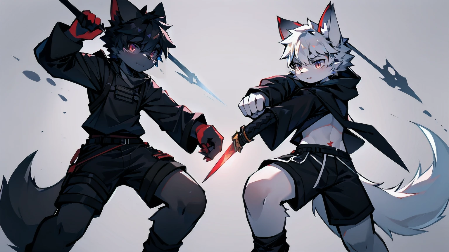 White Wolf,black hair,Red eyes,Wolf ears,Wolf Tail,juvenile,male,hairy,Hair,Half body armor,Combat uniform,Silver and black clothing,Handsome,Handsome,shorts,The forearm is exposed,leg,Fighting Stance,Duel,Two people,Anxious,Armed with a sword,Simple background,Swords