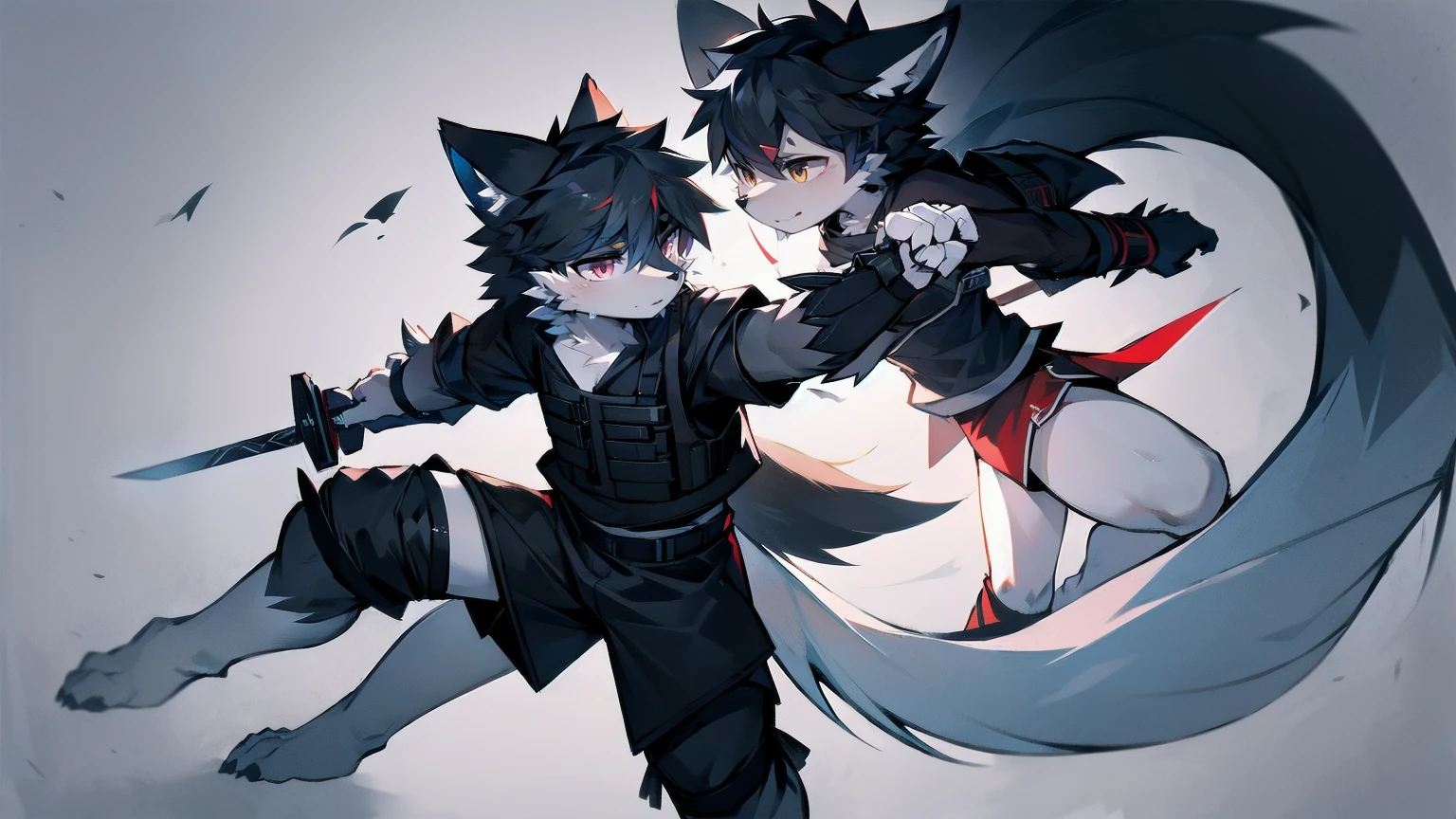 White Wolf，black hair，Red eyes，Wolf ears，Wolf Tail，juvenile，male，hairy，Hair，Half body armor，Combat uniform，Silver and black clothing，Handsome，Handsome，shorts，The forearm is exposed，leg，Fighting Stance，Duel，Two people，Anxious，Armed with a sword，Simple background，Swords