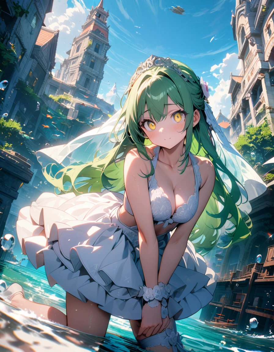 (8K, best quality, master piece: 1.2),super high resolution,1 girl,18yo,solo,ultra-detailed face,deep detailed eyes,yellow eyes,(wedding dress,bikini:1.2),Bridal garter,green hair,green hair, long hair,(Breaststroke), ダイナミックポーズ,clear ocean, sunken ship,シネマライティング,Wide Angle,underwater city