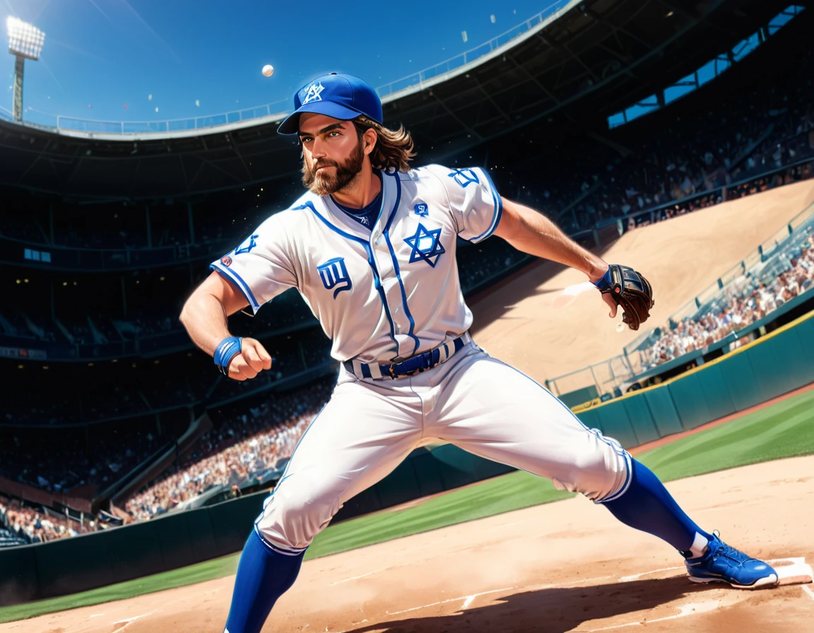 Arafed a sports capture picture of a Rabbi playing baseball, an exquisite beautiful Rabbi, full body, middle aged man, wearing a (Kippa, and Talith: 1.2), having a star of David on his uniform,   dynamic hair, dynamic style, ultra detailed face, concentrated look, determined look, best detailed face, wearing ((Rabbinic clothes: 1.3)), standing ready in a baseball match, baseball stadium nackground, full body (best details, Masterpiece, best quality), ultra wide shot, photorealistic, vibrant, Ultra-high resolution, High Contrast, (masterpiece:1.5), highest quality, Best aesthetics), best details, best quality, highres, ultra wide angle, 16k, [ultra detailed], masterpiece, best quality, (extremely detailed),