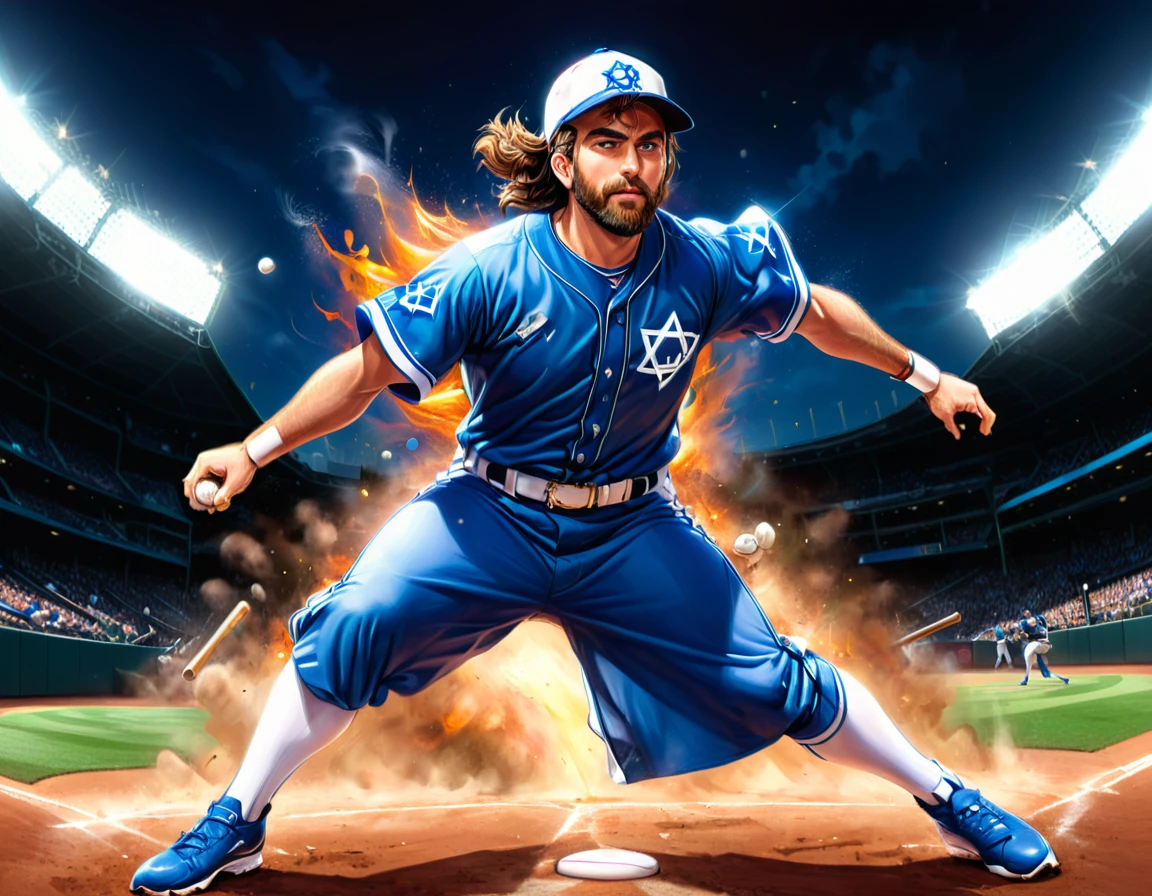 Arafed a sports capture picture of a Rabbi playing baseball, an exquisite beautiful Rabbi, full body, middle aged man, wearing a (Kippa, and Talith: 1.2), having a star of David on his uniform,   dynamic hair, dynamic style, ultra detailed face, concentrated look, determined look, best detailed face, wearing ((Rabbinic clothes: 1.3)), standing ready in a baseball match, baseball stadium nackground, full body (best details, Masterpiece, best quality), ultra wide shot, photorealistic, vibrant, Ultra-high resolution, High Contrast, (masterpiece:1.5), highest quality, Best aesthetics), best details, best quality, highres, ultra wide angle, 16k, [ultra detailed], masterpiece, best quality, (extremely detailed),