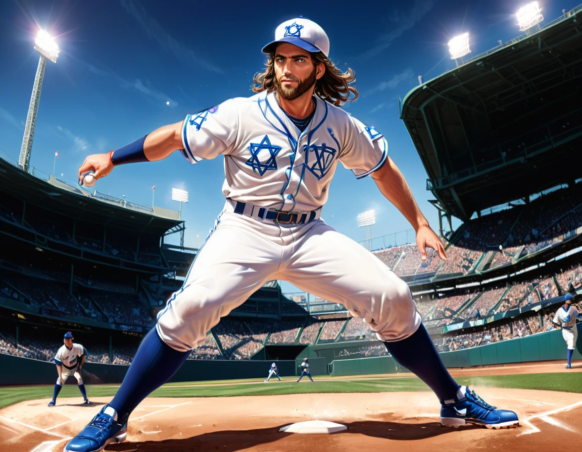 Arafed a sports capture picture of a Rabbi playing baseball, an exquisite beautiful Rabbi, full body, middle aged man, wearing a (Kippa, and Talith: 1.2), having a star of David on his uniform,   dynamic hair, dynamic style, ultra detailed face, concentrated look, determined look, best detailed face, wearing ((Rabbinic clothes: 1.3)), standing ready in a baseball match, baseball stadium nackground, full body (best details, Masterpiece, best quality), ultra wide shot, photorealistic, vibrant, Ultra-high resolution, High Contrast, (masterpiece:1.5), highest quality, Best aesthetics), best details, best quality, highres, ultra wide angle, 16k, [ultra detailed], masterpiece, best quality, (extremely detailed),