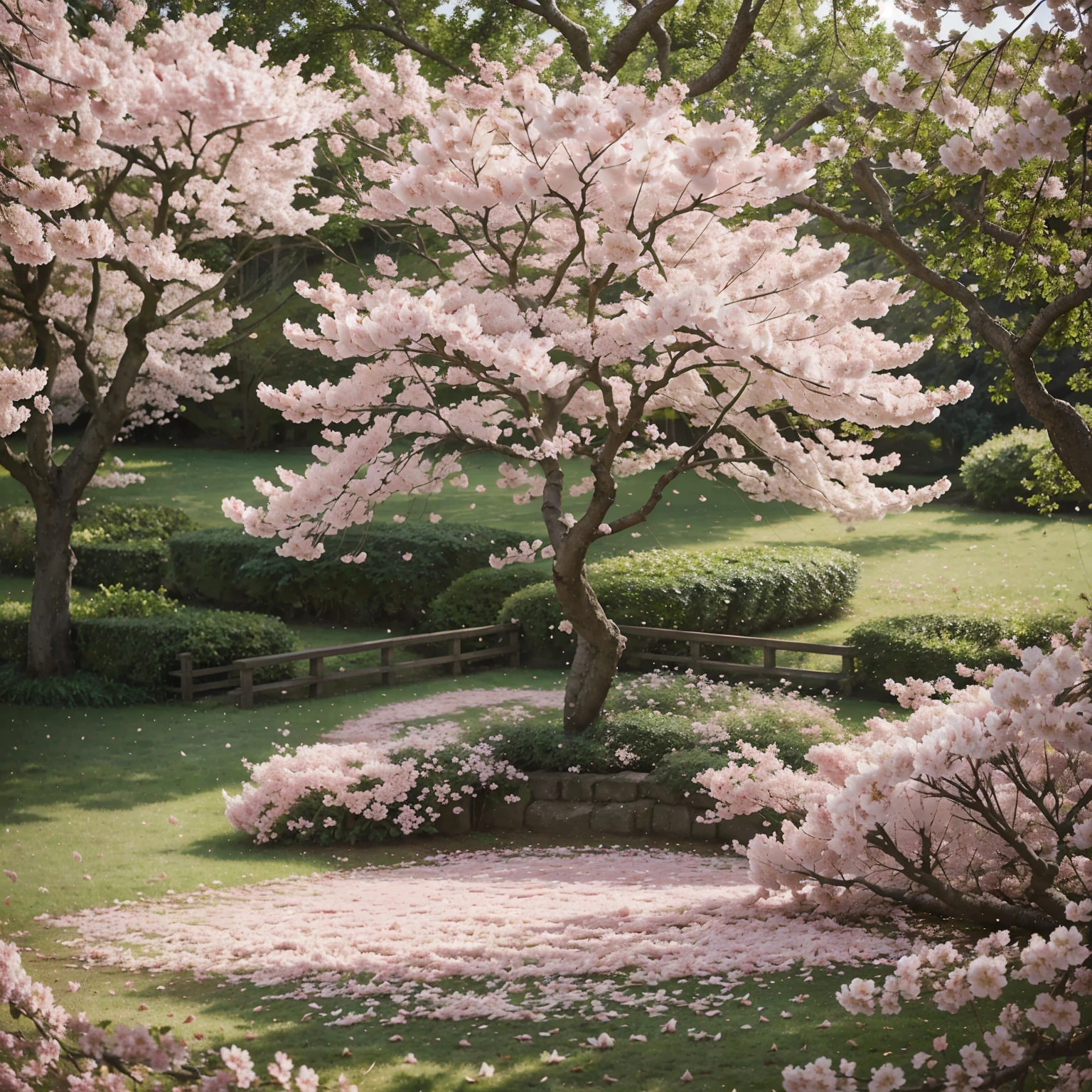 A big cherry blossom tree, pink petals falling, beautiful detailed flowers, lush foliage, soft light, vibrant colors, delicate petals, serene nature scene, calm atmosphere, romantic setting, dreamy landscape, intricate details, masterful brushstrokes, whimsical charm, delightful illustration, captivating composition, striking visual impact, refined elegance, photorealistic quality