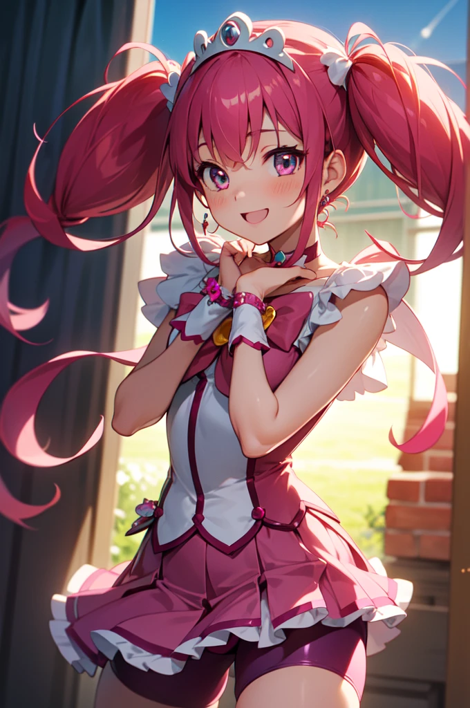 best quality, ultra-detail, masterpiece, anime, 1girl in, solo, cure happy, pink hair, (low twintails under large curled strand of hair), feather hair ornament, skirt. tiara, wrist cuffs, (pink shorts), pink shorts under skirt, boots, happy smile, (glossy fabric), cowboy shot, pink gemstones, standing, blush, (beautiful detailed eyes), extra detailed face, perfect lighting, extremely details CG, (perfect hands, perfect anatomy), shiny material, a pink ribbon, jewelry, latex shine,