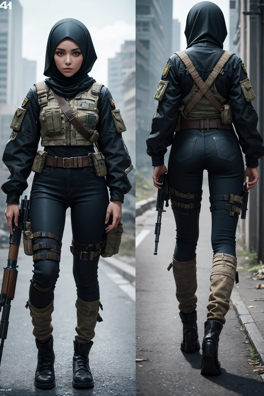 Full body turnaround of young female sniper game character wearing Islamic hijab with post apocalyptical worn clothing made of scraps and old fabric with beautiful face featuring detailed front and back views, Highly detailed, , and smooth digital illustration with sharp focus, 4K UHD image , by unreal engine 4