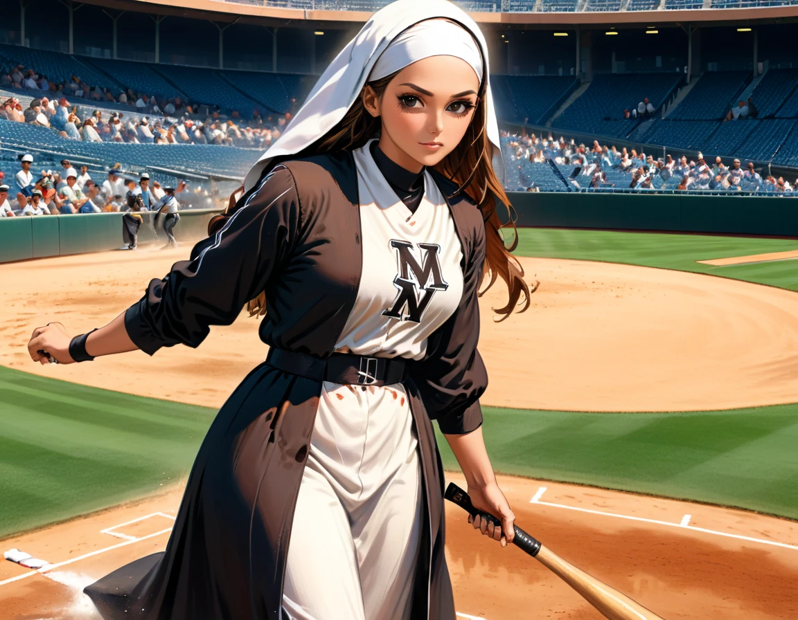 Arafed a sports capture picture of a Rabbi playing baseball, an exquisite beautiful Rabbi, full body, middle aged man, wearing a (Kippa, and Talith: 1.2), having a star of David on his uniform,   dynamic hair, dynamic style, ultra detailed face, concentrated look, determined look, best detailed face, wearing ((Rabbinic clothes: 1.3)), standing ready in a baseball match, baseball stadium nackground, full body (best details, Masterpiece, best quality), ultra wide shot, photorealistic, vibrant, Ultra-high resolution, High Contrast, (masterpiece:1.5), highest quality, Best aesthetics), best details, best quality, highres, ultra wide angle, 16k, [ultra detailed], masterpiece, best quality, (extremely detailed),
