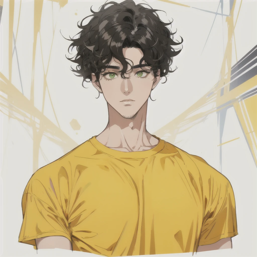Men, 30 years old, Curly black hair, oversize yellow T-shirt, green eyes,