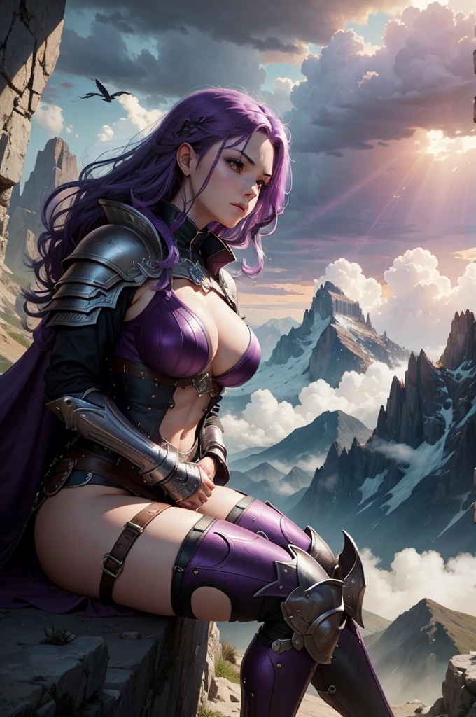 a one woman, purple hair, sitting on top of a very high mountain, cloudy sky, battle armor, beautiful breasts, rays on the horizon, epic scene, solemn countenance, Fantasy world, birds flying.