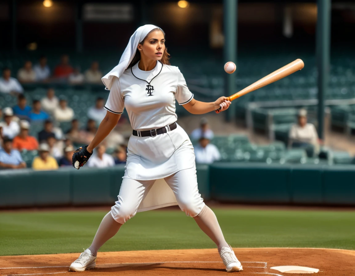 Arafed a sports capture picture of a nun playing baseball, an exquisite beautiful nun, full body, middle aged woman,  dynamic hair, dynamic style,  ultra detailed face, concentrated look, determined look, best detailed face, wearing ((nun clothes: 1.3)), holding a baseball bat, standing ready in a baseball match, baseball stadium nackground, full body (best details, Masterpiece, best quality), ultra wide shot, photorealistic,  vibrant, Ultra-high resolution, High Contrast, (masterpiece:1.5), highest quality, Best aesthetics), best details, best quality, highres, ultra wide angle, 16k, [ultra detailed], masterpiece, best quality, (extremely detailed), ZipFile Comi Style