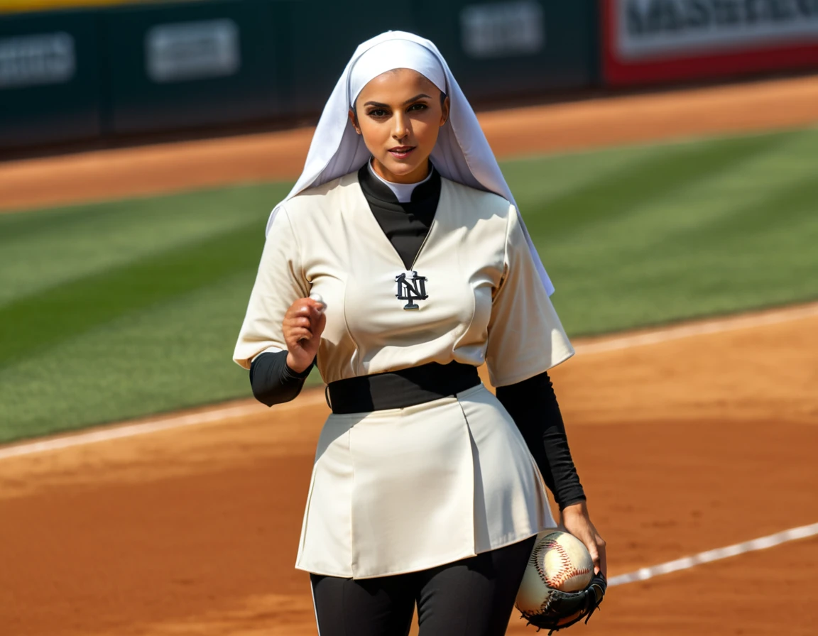 Arafed a sports capture picture of a nun playing baseball, an exquisite beautiful nun, full body, middle aged woman,  dynamic hair, dynamic style,  ultra detailed face, concentrated look, determined look, best detailed face, wearing ((nun clothes: 1.3)), holding a baseball bat, standing ready in a baseball match, baseball stadium nackground, full body (best details, Masterpiece, best quality), ultra wide shot, photorealistic,  vibrant, Ultra-high resolution, High Contrast, (masterpiece:1.5), highest quality, Best aesthetics), best details, best quality, highres, ultra wide angle, 16k, [ultra detailed], masterpiece, best quality, (extremely detailed), ZipFile Comi Style