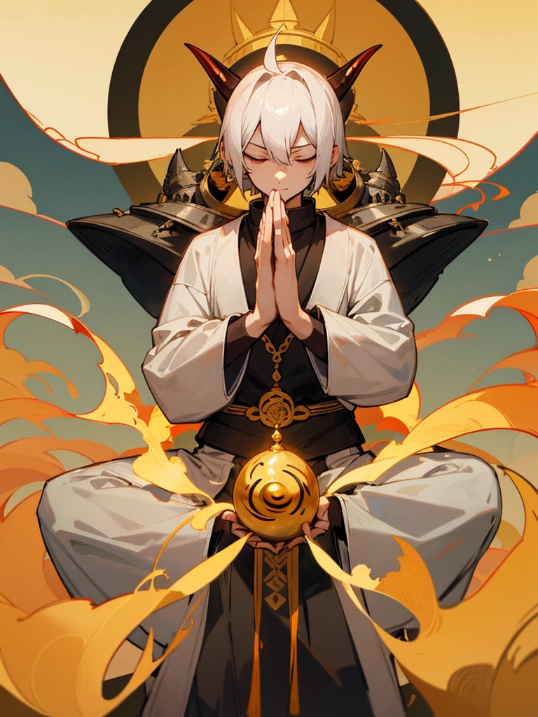 Buddha, evil eye, horn, white short hair, black armor, tori ready, man, full moon, hands together in prayer, Zen meditation golden lion
