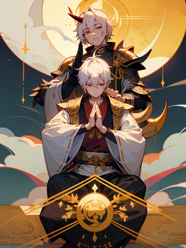 Buddha, evil eye, horn, white short hair, black armor, tori ready, man, full moon, hands together in prayer, Zen meditation golden lion
