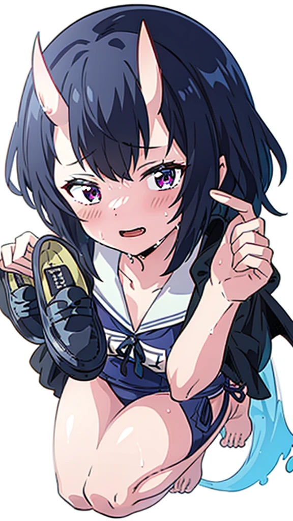 ((beautiful face)),1girl ,20s,mature female,short hair,blue hair,oni horns,(white background, line drawing),(((School Swimsuit))),runing,scared,holding two loafers,wet body.full body