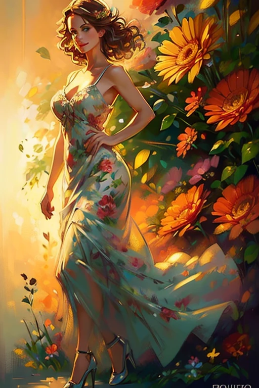 (full body:1.4),(realistic illustration:1.3), A very beautiful Russian woman. 31yo, brunette, green eyes, short, perfect figure, small breasts,(smile).floral print sundress, high heels. Masterpiece, (highly detailed:1.2),(detailed face and eyes:1.2), 8k wallpaper, natural lighting. core shadows, high contrast, bokeh.(rule of thirds)