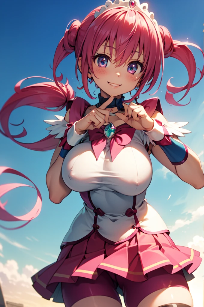 best quality, ultra-detail, masterpiece, anime, 1girl in, solo, cure happy, pink hair, (low twintails under large curled strand of hair), feather hair ornament, skirt. tiara, wrist cuffs, (pink shorts), pink shorts under skirt, boots, happy smile, (glossy fabric), cowboy shot, pink gemstones, standing, blush, (beautiful detailed eyes), extra detailed face, perfect lighting, extremely details CG, (perfect hands, perfect anatomy), shiny material, a pink ribbon, jewelry, latex shine,huge breasts