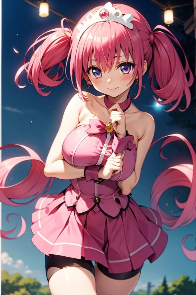 best quality, ultra-detail, masterpiece, anime, 1girl in, solo, cure happy, pink hair, (low twintails under large curled strand of hair), feather hair ornament, skirt. tiara, wrist cuffs, (pink shorts), pink shorts under skirt, boots, happy smile, (glossy fabric), cowboy shot, pink gemstones, standing, blush, (beautiful detailed eyes), extra detailed face, perfect lighting, extremely details CG, (perfect hands, perfect anatomy), shiny material, a pink ribbon, jewelry, latex shine,huge breasts