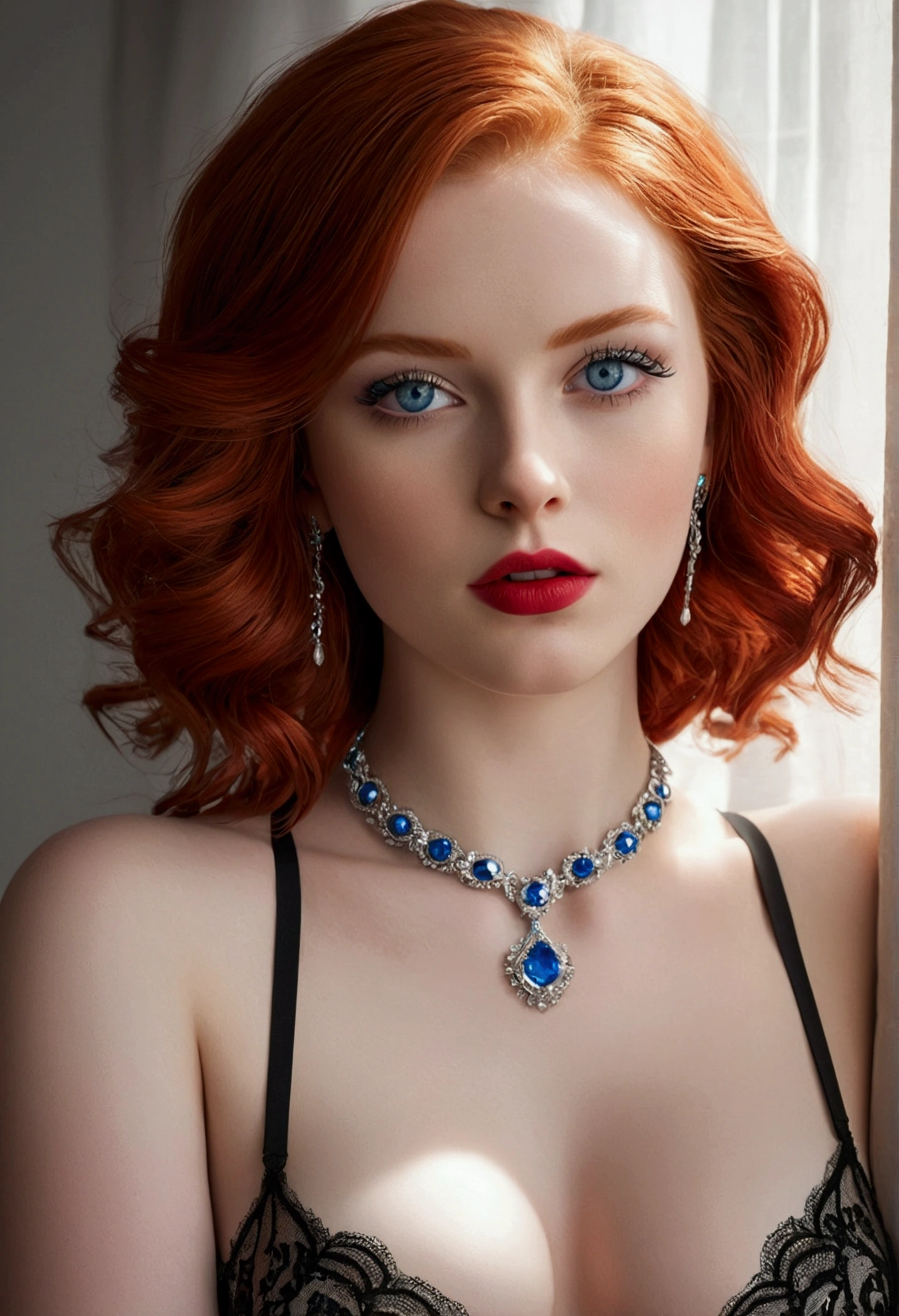 1 beautiful woman, 20 years old, bright red hair, pale white skin (realisic skin details, realisic skin), shining blue eyes (very detailed and vivid eyes), Red lips, make up, necklase, aretes, choker, Accessories, perfectbody , perfectly round butt, lingerie, gazing at viewer, pose sexy, (work of art), (photorrealistic), (8K), (realistic lighting),