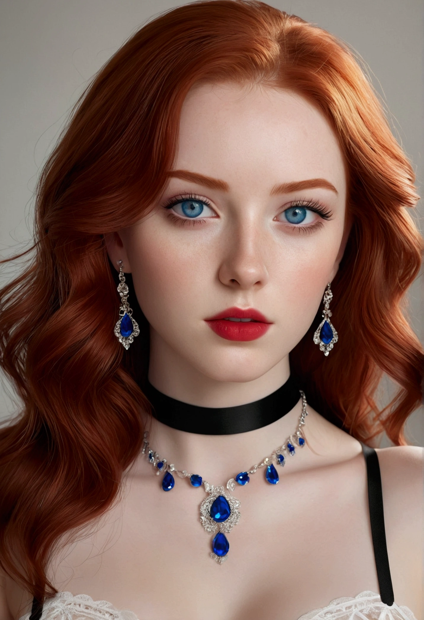 1 beautiful woman, 20 years old, bright red hair, pale white skin (realisic skin details, realisic skin), shining blue eyes (very detailed and vivid eyes), Red lips, make up, necklase, aretes, choker, Accessories, perfectbody , perfectly round butt, lingerie, gazing at viewer, pose sexy, (work of art), (photorrealistic), (8K), (realistic lighting), 