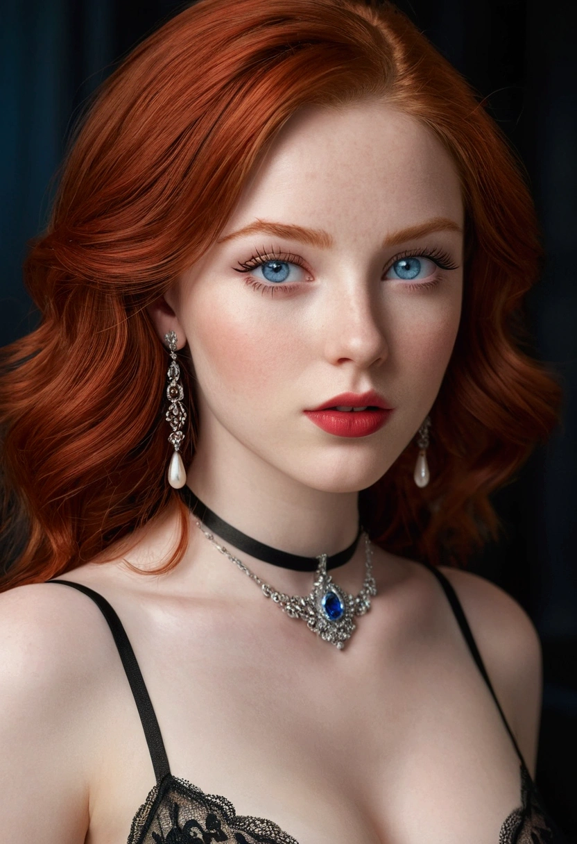 1 beautiful woman, 20 years old, bright red hair, pale white skin (realisic skin details, realisic skin), shining blue eyes (very detailed and vivid eyes), Red lips, make up, necklase, aretes, choker, Accessories, perfectbody , perfectly round butt, lingerie, gazing at viewer, pose sexy, (work of art), (photorrealistic), (8K), (realistic lighting),