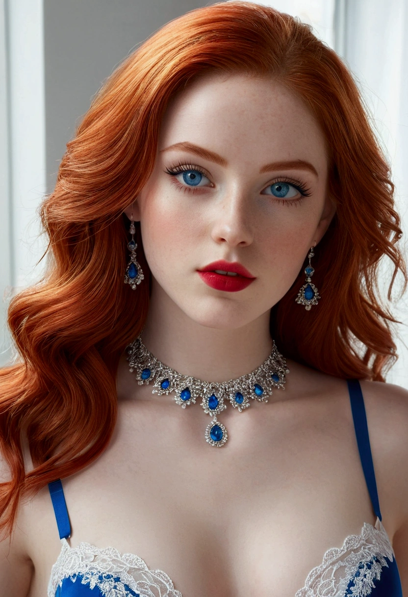 1 beautiful woman, 20 years old, bright red hair, pale white skin (realisic skin details, realisic skin), shining blue eyes (very detailed and vivid eyes), Red lips, make up, necklase, aretes, choker, Accessories, perfectbody , perfectly round butt, lingerie, gazing at viewer, pose sexy, (work of art), (photorrealistic), (8K), (realistic lighting),