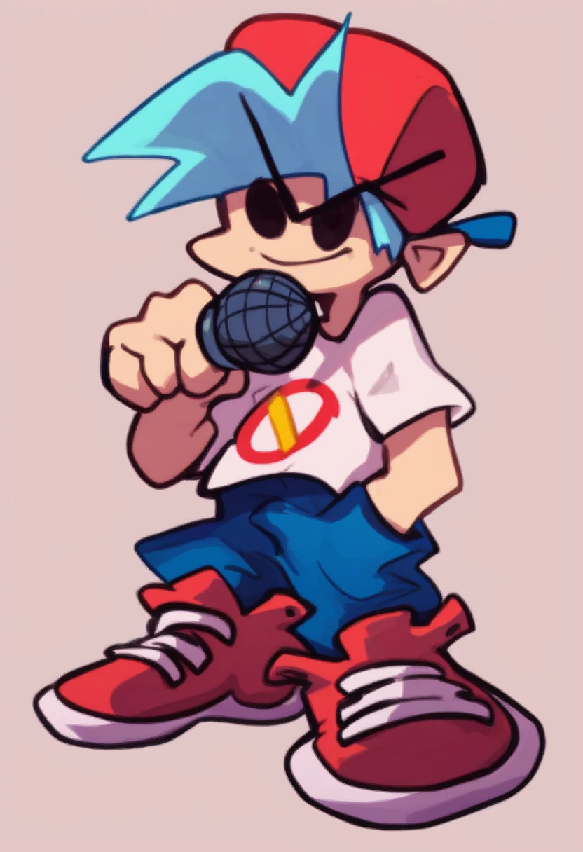 boyfriend_fnf, solo, simple background, shirt, 1boy, hat, holding, blue hair, full body, male focus, shoes, pants, red footwear, sneakers, microphone, holding microphone, black eyes, smile
