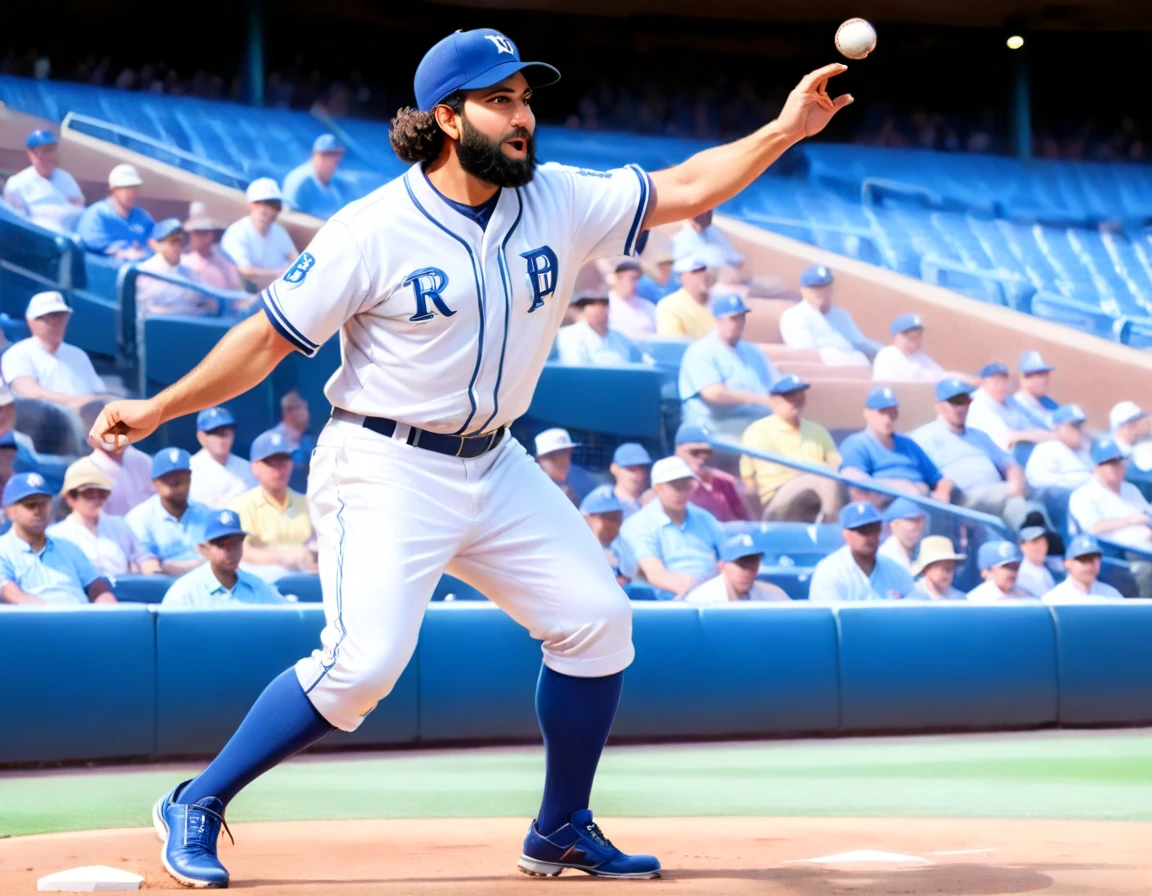 Arafed a sports capture picture of a Rabbi playing baseball, an exquisite beautiful Rabbi, full body, middle aged man, wearing a (Kippa, and Talith: 1.2), having a star of David on his uniform,   dynamic hair, dynamic style, ultra detailed face, concentrated look, determined look, best detailed face, wearing ((Rabbinic clothes: 1.3)), standing ready in a baseball match, baseball stadium nackground, full body (best details, Masterpiece, best quality), ultra wide shot, photorealistic, vibrant, Ultra-high resolution, High Contrast, (masterpiece:1.5), highest quality, Best aesthetics), best details, best quality, highres, ultra wide angle, 16k, [ultra detailed], masterpiece, best quality, (extremely detailed),