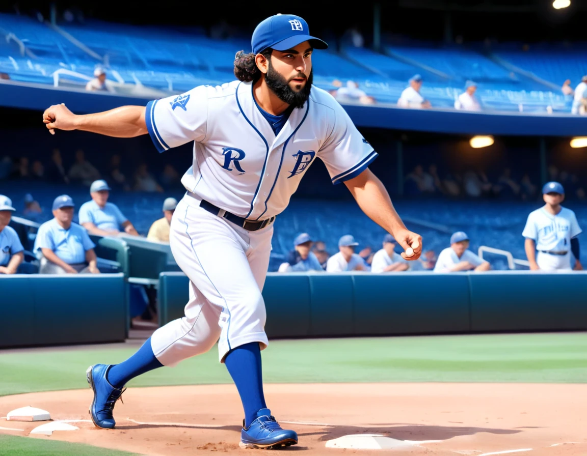 Arafed a sports capture picture of a Rabbi playing baseball, an exquisite beautiful Rabbi, full body, middle aged man, wearing a (Kippa, and Talith: 1.2), having a star of David on his uniform,   dynamic hair, dynamic style, ultra detailed face, concentrated look, determined look, best detailed face, wearing ((Rabbinic clothes: 1.3)), standing ready in a baseball match, baseball stadium nackground, full body (best details, Masterpiece, best quality), ultra wide shot, photorealistic, vibrant, Ultra-high resolution, High Contrast, (masterpiece:1.5), highest quality, Best aesthetics), best details, best quality, highres, ultra wide angle, 16k, [ultra detailed], masterpiece, best quality, (extremely detailed),