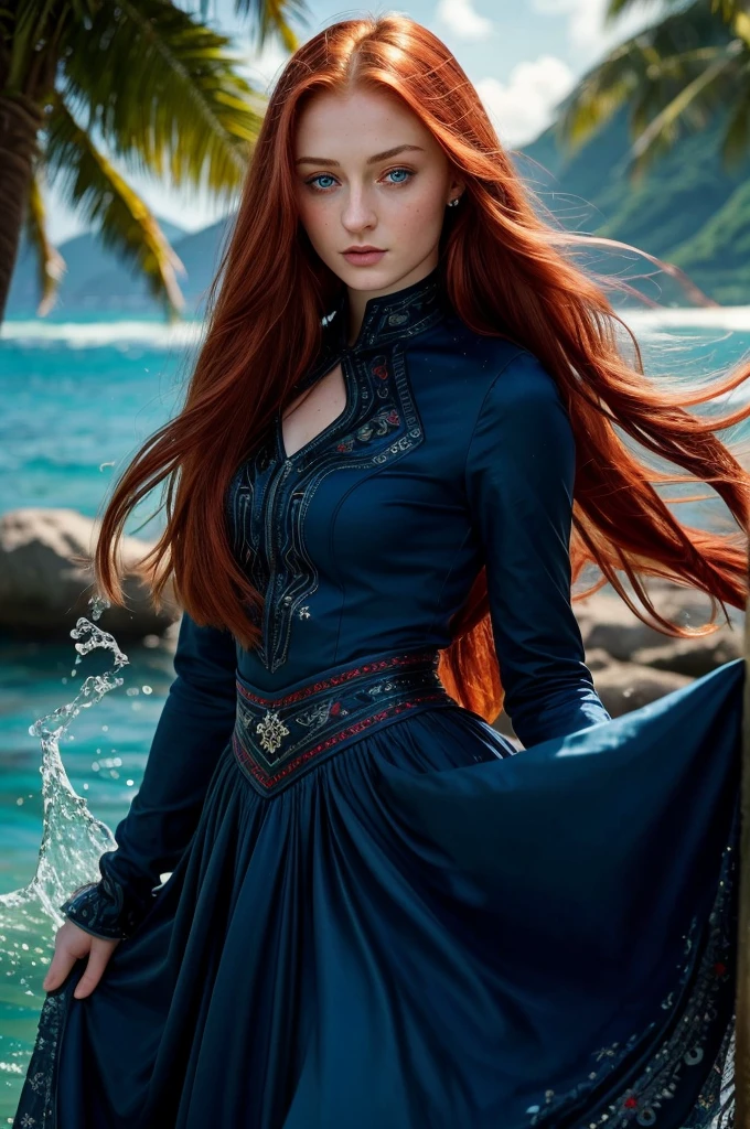 16 year old Sophie Turner, ultra detailed face, ultra detailed blue eyes, long red hair, (dress, long skirt), tropical water, (((masterpiece)))